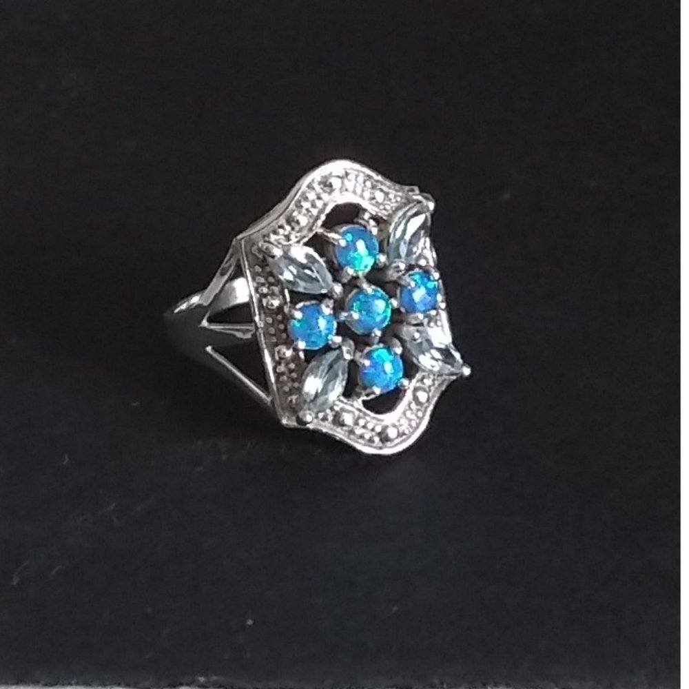 Art Deco Aquamarine & Australian Fire Opal Silver Ring